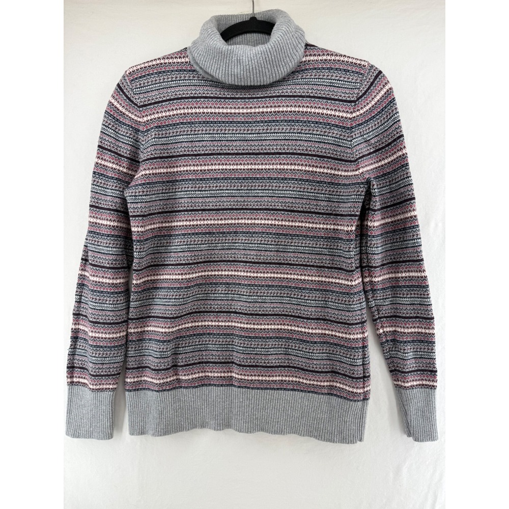 LL Bean Womens Gray Fair Isle Cotton Cashmere Turtleneck Sweater Small 503413